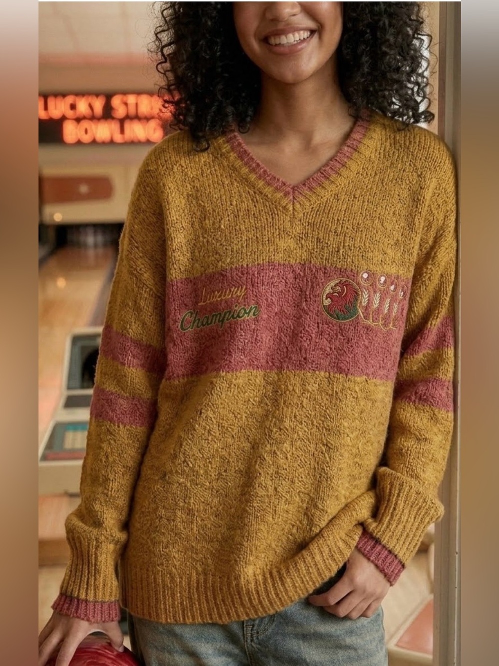 BDG Bowling Graphic Oversized V-Neck Dad Sweater from Urban Outfitters Size Med